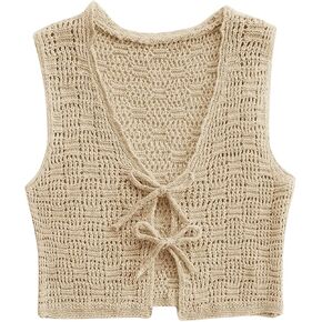 GORGLITTER Women's Crochet Tie Front Vest Open Front Cardigans Sleeveless V Neck Sweater Vest
