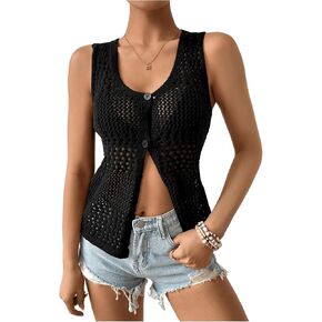 SHENHE Women's Hollow Out Crochet Sweater Vest Sleeveless Button Up Sheer Cardigan Top in Saudi Arabia