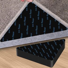 12 pcs Rug Gripper - Non Slip Rug Pad Gripper for Hardwood Floors Double Sided Reusable Washable Rug Tape for Area Rugs Under Rug Carpet Keep Corners Flat -Tape Stickers Black