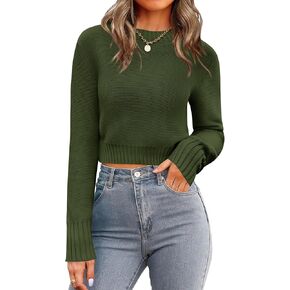 Zeagoo Women's 2024 Fall Crewneck Cropped Sweater Trendy Long Sleeve Ribbed Knit Pullover Jumper Tops