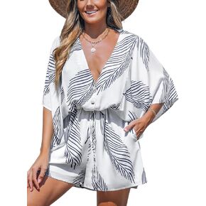CUPSHE Women’s Print Shorts Jumpsuit Wrap V Neck 3/4 Sleeve Casual Loose Oversized Romper