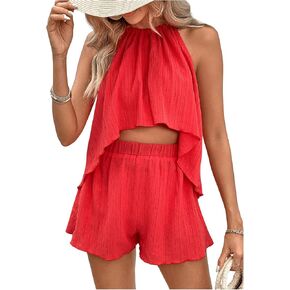 SOLY HUX Women's Summer 2 Piece Outfits Sleeveless Halter Crop Tops and Shorts Sets