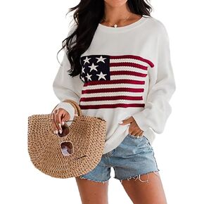 Dressmine Womens American Flag Sweater Knit Long Sleeve Crew Neck Graphic Elegant Soft Loose Pullover