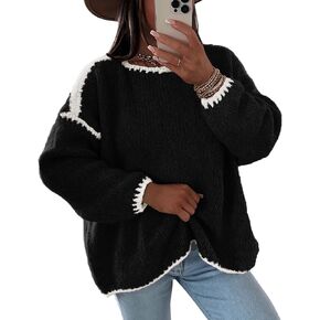 KIRUNDO Womens Sweaters 2024 Fall Oversized Long Sleeve Chunky Knit Crew Neck Contrast Stitching Pullover Winter Clothes