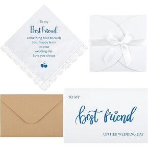 Set of 4 Something Blue for Bride Gift Include Embroidered Handkerchief, Wedding Day Card 2 Pcs Envelopes from Maid of Honor Best Friend Blue Handkerchief Bridal Shower from Bridesmaid Mother