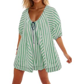 Gacaky Women's Summer Casual Striped Romper Puff Sleeve Mini Dress Beach Wide Leg Jumpsuit with Pockets