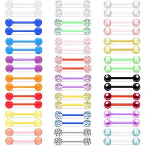 48Pcs 14G Glow in Dark Flexible Acrylic Straight Tongue Barbell Nipple Ring Retainer Piercing Jewelry for Women Men 16mm Bar