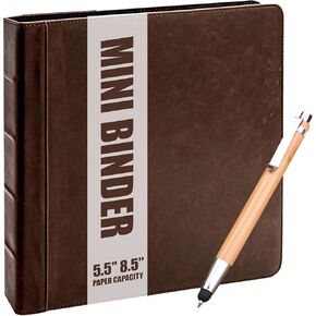 Capote Vintage Mini Professional 3 Ring Binder Organizer, 1-inch Round Rings, 5.5" x 8.5" Sheet Size, 2 Inner Pockets, Appearance of Antique Brown Leather, Pen Included