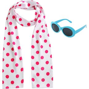 2PCS Pink Polka Dot Scarf with Blue Frame Polarized Sunglasses for Women Cosplay Halloween Costume Accessories