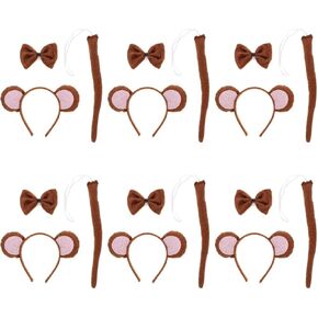 LUOZZY 6 Sets Halloween Monkey Ear Headband Bowtie and Tail for Cosplay Role-playing Halloween Costume Party Supplies (Brown)