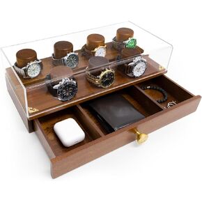 Watch Display Case for Men Wooden Watch Stand 2-Tier Watch Display Case Watch Box for Men, Watch Display Stand with Drawer Watch Collection Storage Watch Holder Watch and Jewelry Organizer