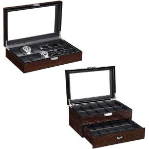 BEWISHOME Watch Box 20 Slots Watch Case for Men & Watch Box Sunglass Organizer with Real Glass Top, 6 Watch Case and 3 Slots Sunglasses Box for Men,Bundle