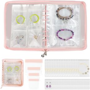 Transparent Jewelry Organizer Case, Travel Earring Storage Book with 64 PVC Jewelry Pouches Zipper Bags, Jewelry Organizer Book with Pockets, Clear Holder Bags for Bracelet, Necklace, Ring