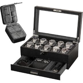 Gift Set 10 Slot Leather Watch Box with Valet Drawer & Matching 5 Watch Travel Case - Luxury Watch Case Display Organizer, Locking Mens Jewelry Watches Holder, Men's Storage Boxes Glass Top Black/Grey