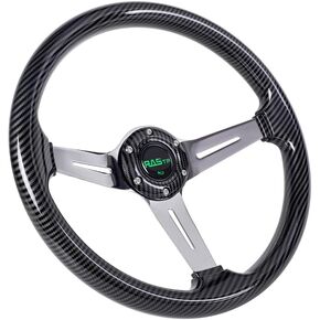 350mm 14" Deep Dish Acrylic Carbon Pattern Steering Wheel,Universal 6 Bolts EZGO Golf Cart Steering Wheel Slotted 3 Spoke with Horn button