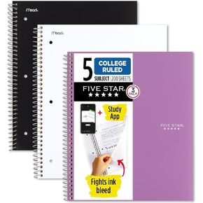 Five Star Spiral Notebooks + Study App, 3 Pack, 5 Subject, College Ruled Paper, 200 Sheets, 11" x 8-1/2", School, Wired, Black, White, Amethyst Purple (38500)