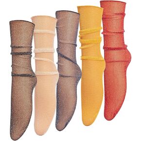 جوارب MANZI النسائية الشفافة اللامعة من التول جوارب شفافة لامعة بشبكة صيد السمك مكدسة من الدانتيل جوارب كاحل لامعة معدنية 5 أزواج in Kuwait