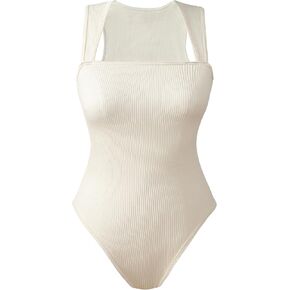 Women Bodysuits Sleeveless Square Stretch Basic Tank Tops Bodysuits, Sexy Ribbed Strappy Square Neck Shapewear