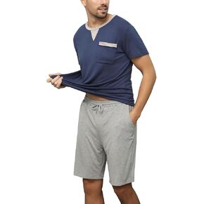 Enjoyoself Men's Summer Short Sleeve Cotton Pyjama Sets Comfy Loungewear Sleepwear with Drawstring Shorts