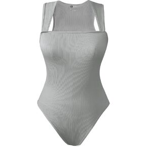 Women Bodysuits Sleeveless Square Stretch Basic Tank Tops Bodysuits, Sexy Ribbed Strappy Square Neck Shapewear