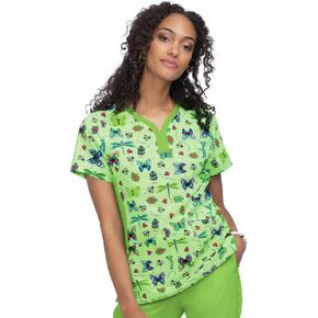 KOI Planet Women's Thea Y-Neck Print Scrub Top-Love Bugs-X-Small