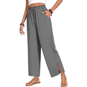 Anyhold Womens Wide Leg Lounge Pants Loose High Waisted Side Slit Pants Drawstring Casual Palazzo Pants with Pockets
