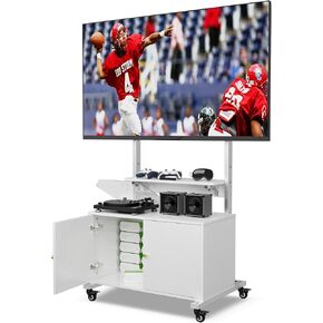 Entertainment Center with TV Mount,Rolling TV Stand with Storage Suitable for 32-75in Screen,Tall TV Stand on Wheels with Foldable Table,Height Adjustable Mobile TV Stand for Outdoor and Living Room