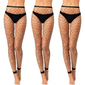 Geyoga 3 Pcs Footless Fishnet Stockings for Women Rhinestone Fish Nets Tights Thigh High Stockings Pantyhose Mesh Leggings
