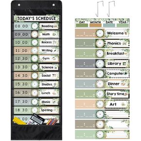 Daily Schedule Pocket Chart for Classroom, 13+1 Pockets with 42 Designed Schedule Cards, Farmhouse Greenery Classroom Kids Daily Schedule Pocket Chart for Home Back to School Classroom Decorations