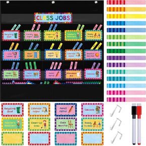 Class Jobs Pocket Chart, 1 Pocket Chart+83 Erasable Cards+3 Metal Hooks+2 Markers, Teacher’s Helper for Bulletin Board Classroom School Home (19.7" x 37", Black)