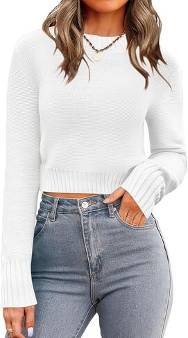 Zeagoo Women's 2024 Fall Crewneck Cropped Sweater Trendy Long Sleeve Ribbed Knit Pullover Jumper Tops in Kuwait