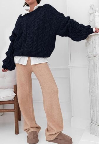 PRETTYGARDEN Womens Sweaters Fall 2024 Cable Knit Long Sleeve Crewneck Oversized Sweater Chunky Pullover Loose Outfits in Saudi Arabia