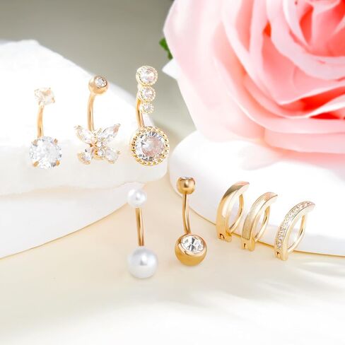14G Belly Button Ring 8Pcs Belly Button Piercing Stainless Steel Belly Rings Cute CZ Heart Butterfly Clicker Belly Piercing Jewelry for Women in Saudi Arabia