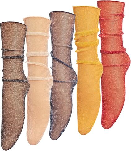 جوارب MANZI النسائية الشفافة اللامعة من التول جوارب شفافة لامعة بشبكة صيد السمك مكدسة من الدانتيل جوارب كاحل لامعة معدنية 5 أزواج in Kuwait