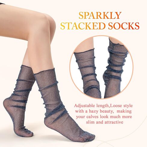 جوارب MANZI النسائية الشفافة اللامعة من التول جوارب شفافة لامعة بشبكة صيد السمك مكدسة من الدانتيل جوارب كاحل لامعة معدنية 5 أزواج in Kuwait