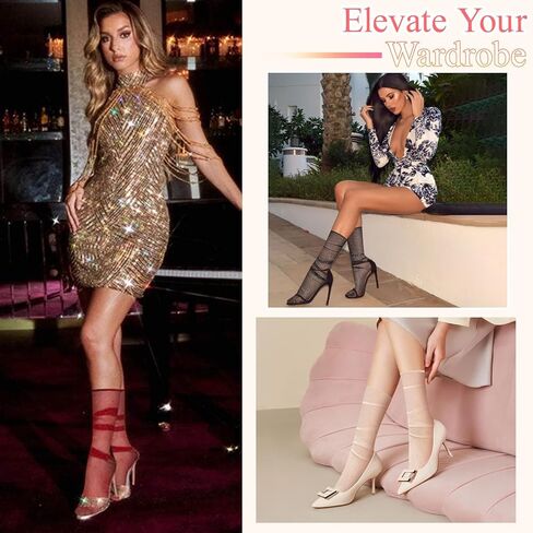 جوارب MANZI النسائية الشفافة اللامعة من التول جوارب شفافة لامعة بشبكة صيد السمك مكدسة من الدانتيل جوارب كاحل لامعة معدنية 5 أزواج in Kuwait