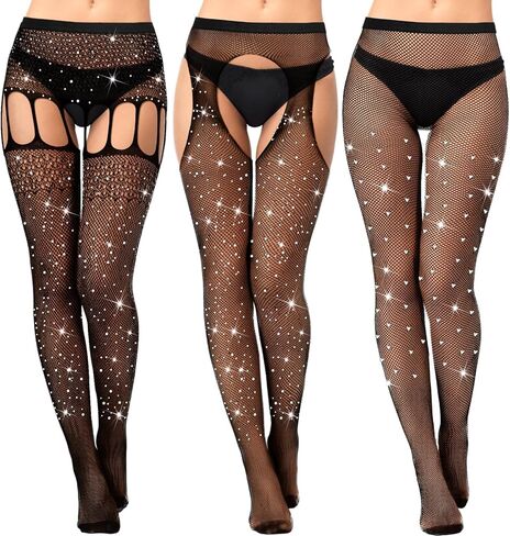 Geyoga 3 Pcs Footless Fishnet Stockings for Women Rhinestone Fish Nets Tights Thigh High Stockings Pantyhose Mesh Leggings in Saudi Arabia