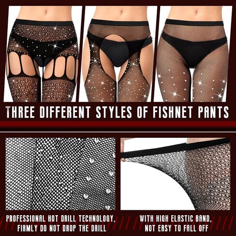 Geyoga 3 Pcs Footless Fishnet Stockings for Women Rhinestone Fish Nets Tights Thigh High Stockings Pantyhose Mesh Leggings in Saudi Arabia
