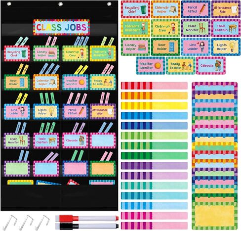 Class Jobs Pocket Chart, 1 Pocket Chart+83 Erasable Cards+3 Metal Hooks+2 Markers, Teacher’s Helper for Bulletin Board Classroom School Home (19.7" x 37", Black) in Saudi Arabia