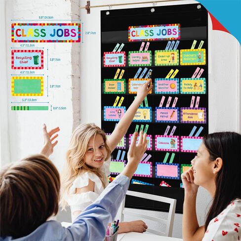 Class Jobs Pocket Chart, 1 Pocket Chart+83 Erasable Cards+3 Metal Hooks+2 Markers, Teacher’s Helper for Bulletin Board Classroom School Home (19.7" x 37", Black) in Saudi Arabia