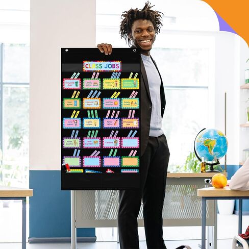 Class Jobs Pocket Chart, 1 Pocket Chart+83 Erasable Cards+3 Metal Hooks+2 Markers, Teacher’s Helper for Bulletin Board Classroom School Home (19.7" x 37", Black) in Saudi Arabia