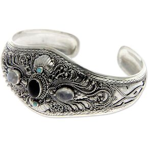 NOVICA Artisan Handmade Onyx Moonstone Cuff Bracelet Silver Sterling Reconstituted Turquoise Indonesia Birthstone 'Radiant Bali'