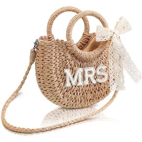 Pinkunn Bride Straw Purse Handwoven Bag Rhinestone Letter Patches Bag Bachelorette Party Honeymoon Wedding Bridal Shower Gift