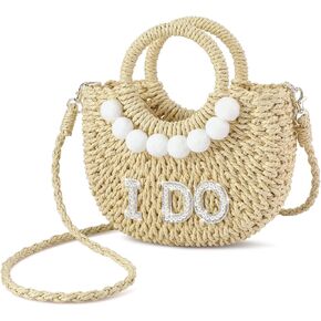 Pinkunn Bride Straw Purse Handwoven Bag Rhinestone Letter Patches Bag Bachelorette Party Honeymoon Wedding Bridal Shower Gift