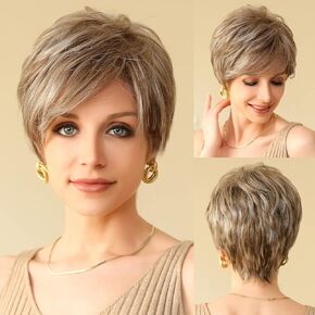 HAIRCUBE شعر بشري مثل الملمس أشقر فاتح مختلط باللون الأبيض القصير شعر مستعار قصير للنساء مع شعر مستعار اصطناعي بديل