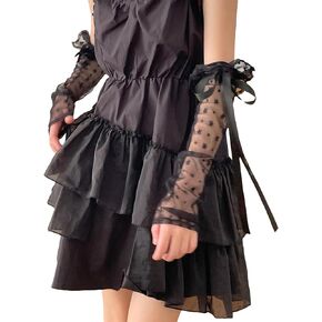Y2K Sheer Mesh Tulle Arm Sleeves Ribbon Bow Elbow Length Lace Arm Warmers Wedding Bridal Fingerless Gloves