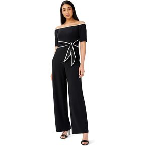 Adrianna Papell Women's Off-The-Shoulder Knit Crepe Tie Waist Jumpsuit, Black