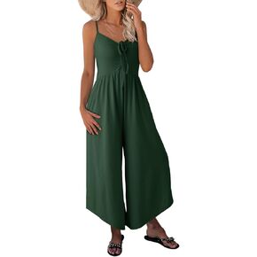 Dokotoo Womens Jumpsuits Spaghetti Straps Ruched Drawstring Knit Wide Leg Romper Casual Jumpsuits with Pockets