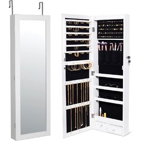 BIRDROCK HOME Hanging Jewelry Organizer Cabinet with Mirror | Gift Idea | Large Capacity | Lockable Jewelry Armoire Box | Door or Mounted Mirror with Jewelry Storage | White