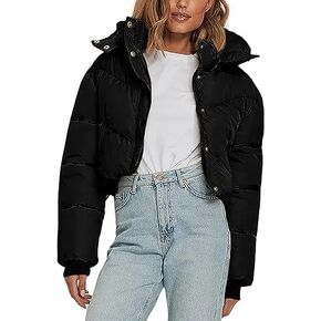 سترة نسائية منتفخة مقصوصة شتوية بغطاء للرأس قابلة للإزالة وسحاب ومعاطف مبطنة مع جيوب in Kuwait